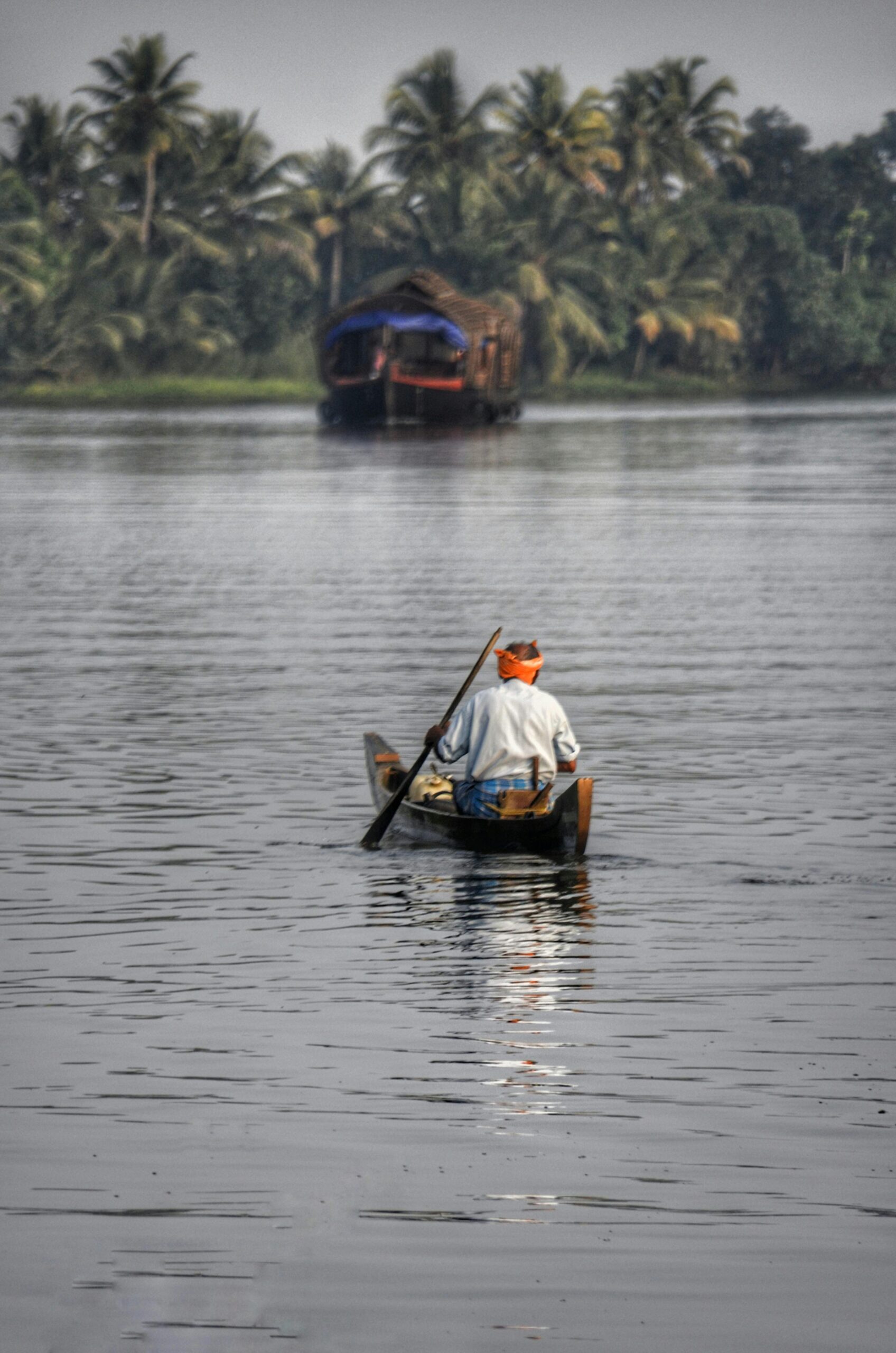 A serene view of a person rowing a wooden canoe in Kerala's picturesque backwaters.